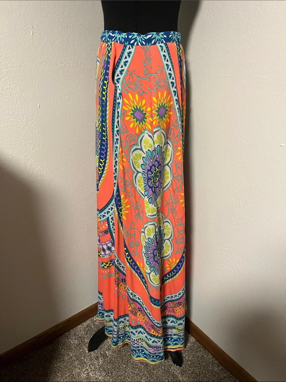 WEEKEND SALE! Flying Tomato Coral and Blue Paisley Maxi Skirt-Medium